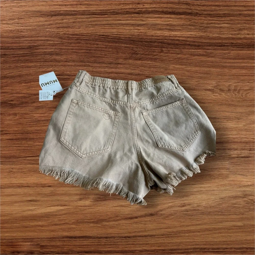 NWT Mumu‎ Denim Shorts Distressed Frayed Hem High Waist Casual Tan Sz 29  6/8